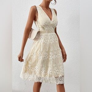 Solid Deep V Neck Sleeveless High Waist Lace Dress, Elegant Ruffled Hem Midi